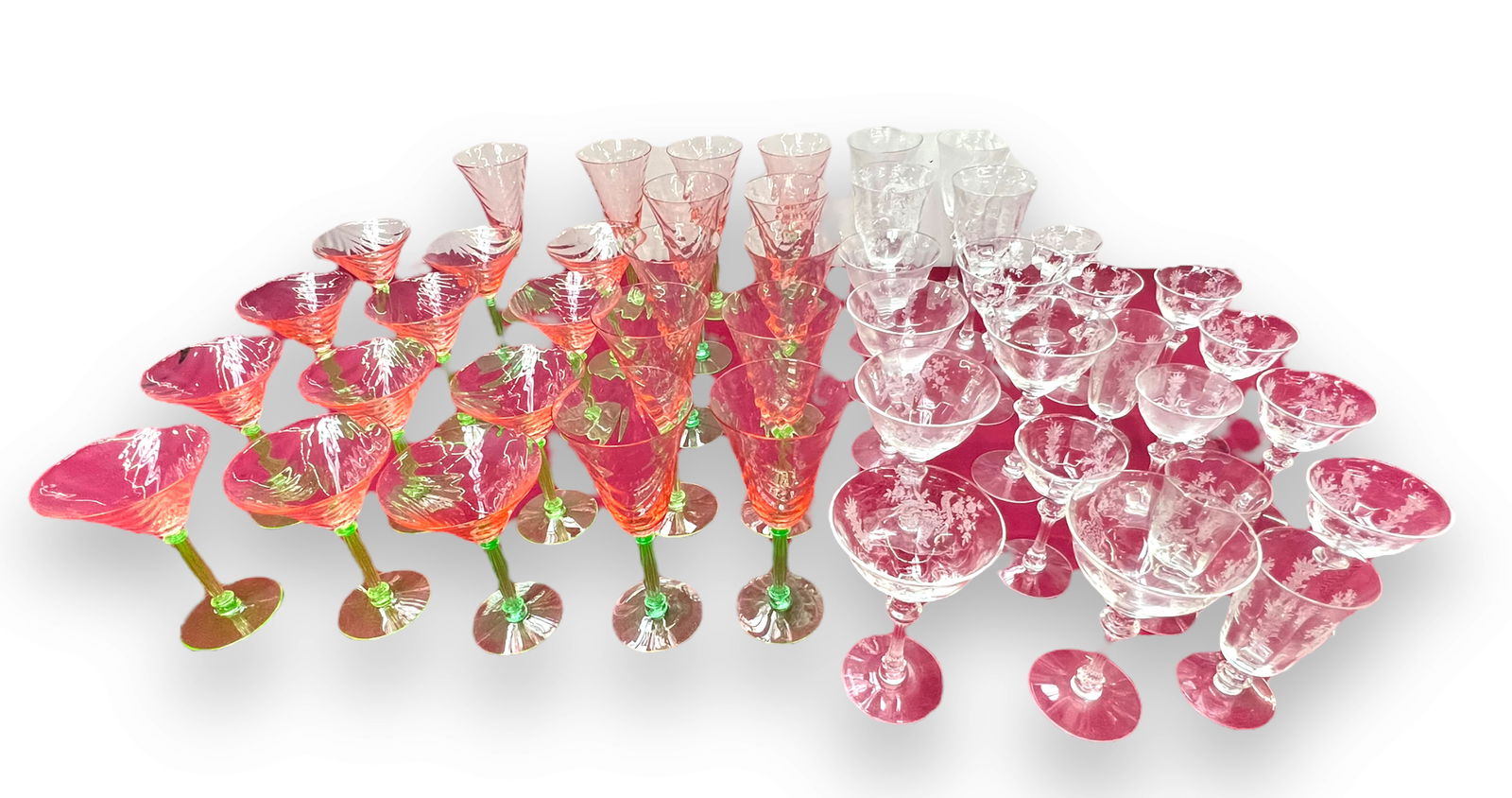 46 Pc. Lot of Stemware- Uranium Glass, etc. (1 of 3)