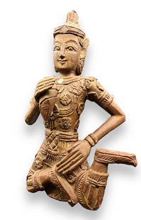 13" Carved Wood Thai Musician Wall Sculpture.: It appears to have been a Gilded figure at one point; as most of the Gold paint has since worn off. The arms have Cracks at the shoulders; they may have been Repaired. The Sculpture is meant to be hun