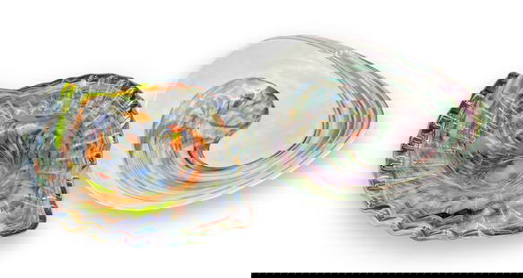 Lot of Two Murano Glass Art Bowls.: These are two beautiful Murano glass centerpiece art bowls. One bowl has a multicolor swirl design, while the other has a fossil design. Both bowls appear to be in excellent condition with no visible