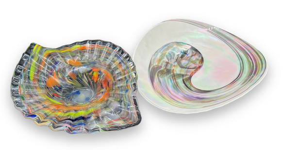 Lot of Two Murano Glass Art Bowls.: These are two beautiful Murano glass centerpiece art bowls. One bowl has a multicolor swirl design, while the other has a fossil design. Both bowls appear to be in excellent condition with no visible