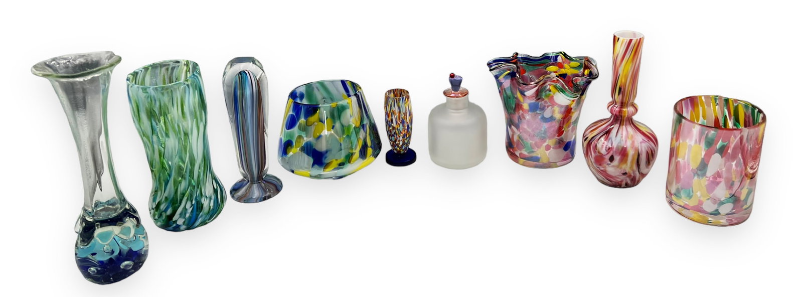 Collection of 9 Small Art Glass Pieces.: Two pieces are made by Zorza in Poland, though most others are unmarked. A few pieces have very small chips, though condition as a whole looks excellent. In-House Shipping is Available. Please see our