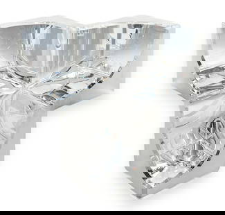 Daum France Crystal Abstract Ashtray or Dish.: It is Signed on the back. It has the appearance of three cubes joined together, with a hollowed out curvy interior. It Looks to be in Nice condition, with a few black marks on the frosted exterior. It