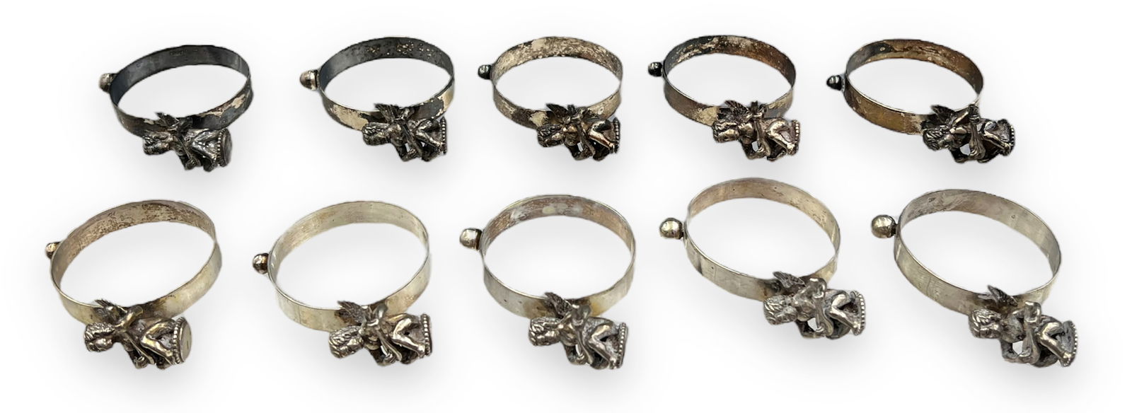 Set of 10 Winged Cherub Napkin Rings- 800 Silver. (1 of 4)