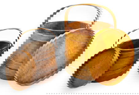 Lot of 2 Shaker Buckets or Baskets w/ Lids.: The smaller basket has a squirrel design on the lid, and is made from a darker wood. The larger basket is made from a lighter wood, and has no design on the lid. Both pieces look to be in Nice conditi