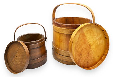 Lot of 2 Shaker Buckets or Baskets w/ Lids.: The smaller basket has a squirrel design on the lid, and is made from a darker wood. The larger basket is made from a lighter wood, and has no design on the lid. Both pieces look to be in Nice conditi