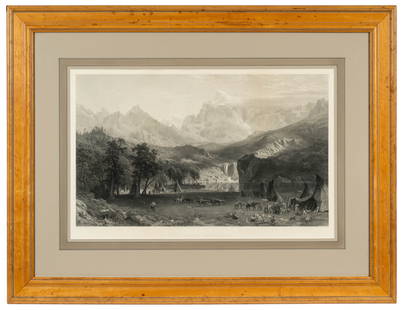 Lg. Engraving, "The Rocky Mountains", Bierstadt.: This large engraving by James David Smillie (American, 1833-1909) is after a painting by Albert Bierstadt (German, 1830-1902), depicting Lander's Peak in the Rocky Mountains. It is signed and dated in