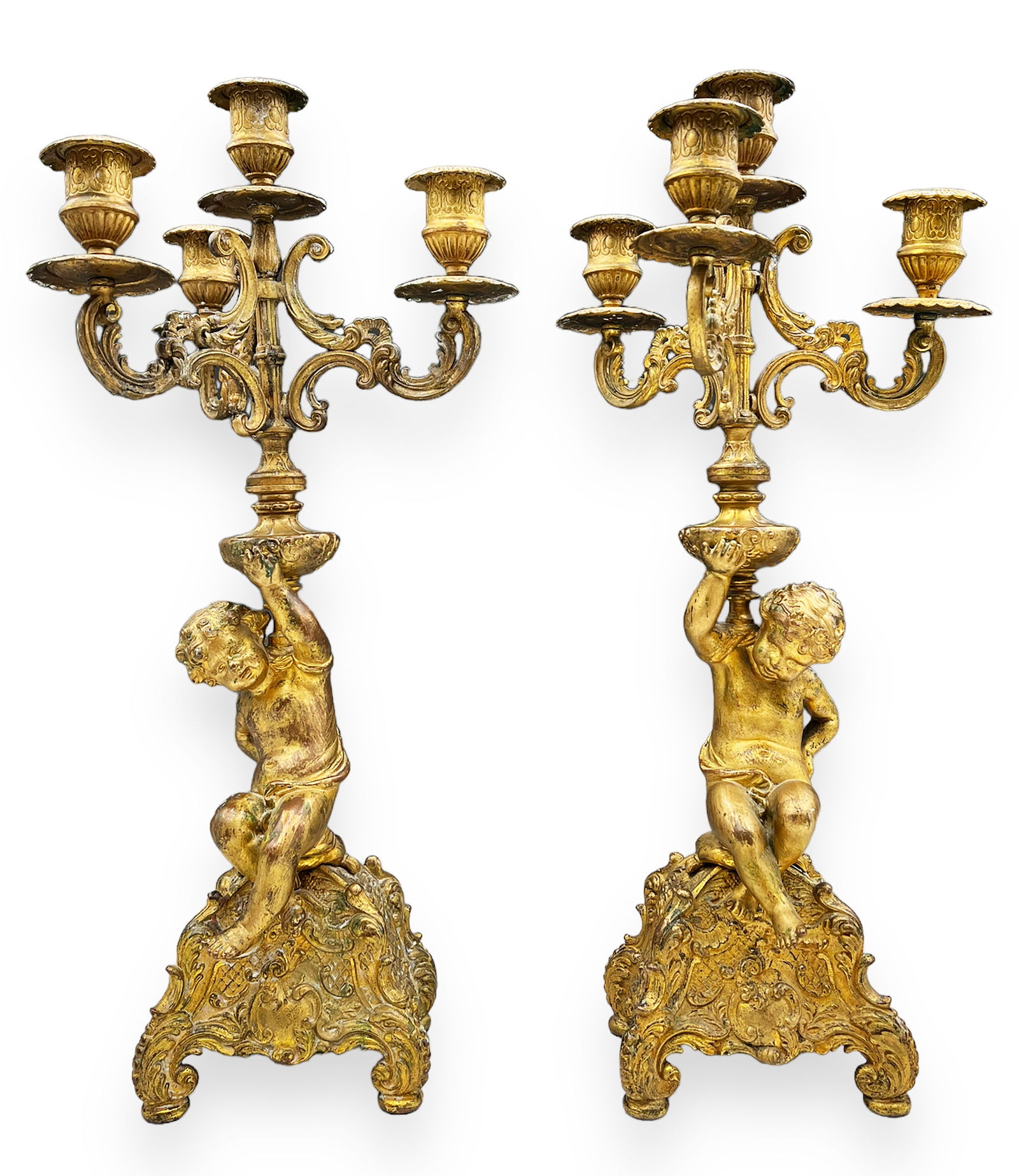 Gilded Metal Figural Putti Candelabra Pair. (1 of 4)