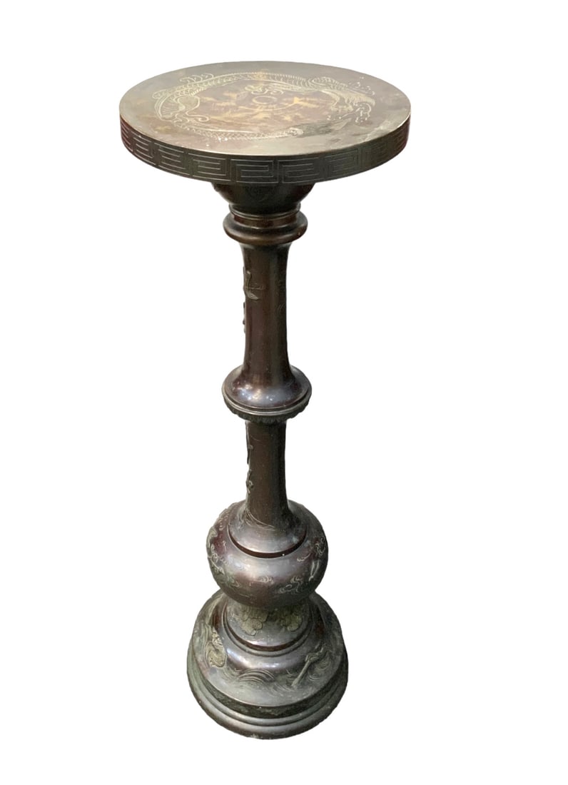 Old Japanese Bronze Pedestal.: The Top has some Wear. It has an Incised Design of a Dragon. Other than that, the Pedestal is in Good Overall Condition, with some Wear to Use. It measures 36" Tall. The Top measures 12" in Diameter. 
