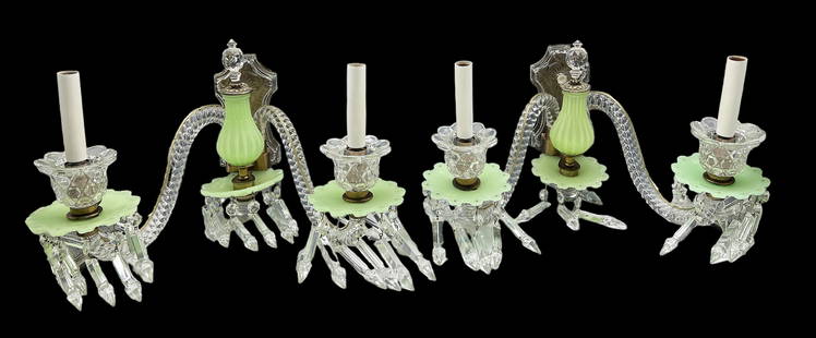 Pair of Baccarat? Crystal Candelabra Sconces.: This is a unique pair of sconces with both clear and Jadeite green glass elements. Each sconce has a pair of twisted "Bambou Tors" arms supporting candelabra-style electric lights, with dangling