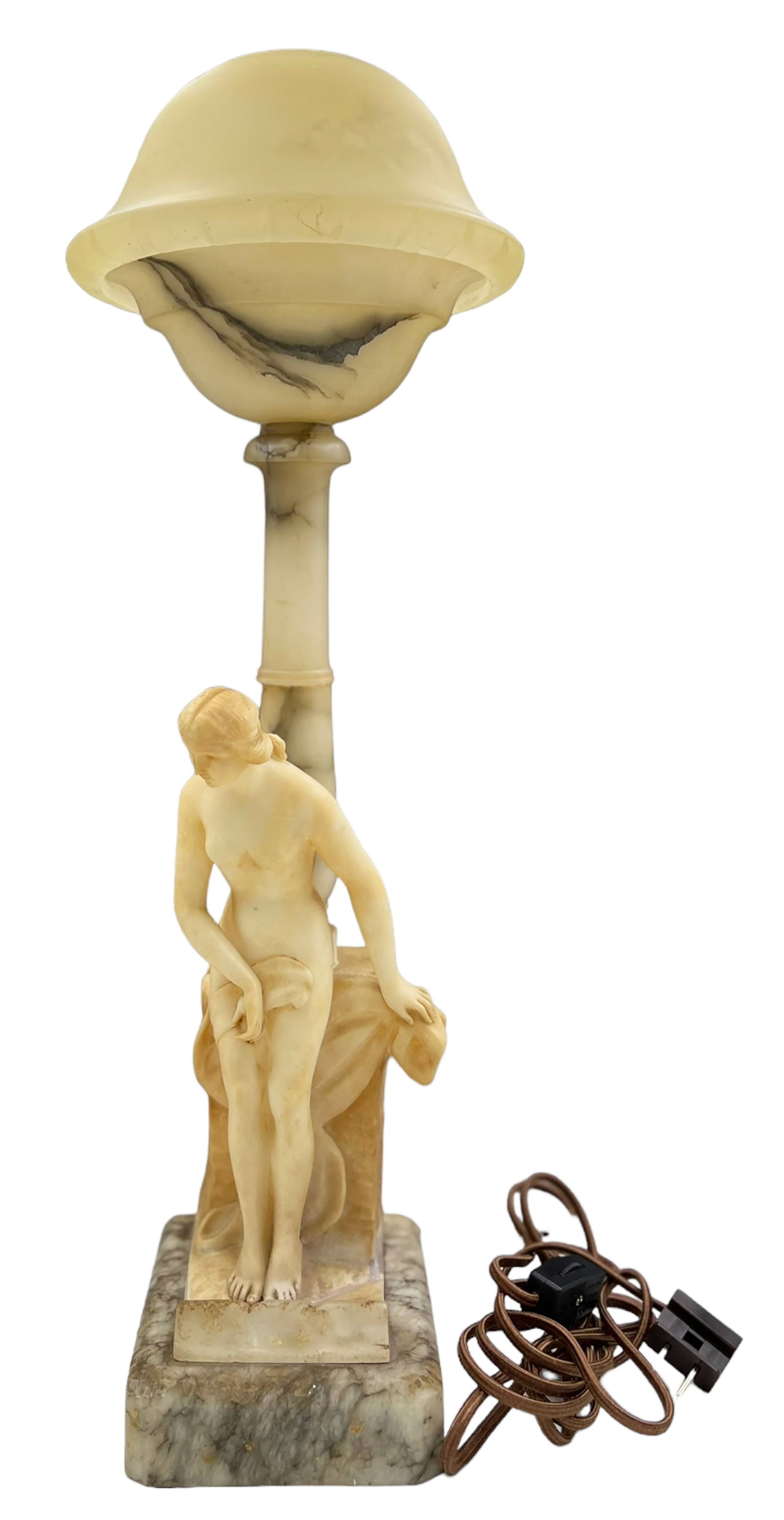 Nude Figural Alabaster Lamp w/ Shade.: The back of the lamp is signed, "Italy". The lamp has some Stains, and looks as though it has been Repaired. The Lamp measures 20 1/2" tall when the shade is placed on top. The base measures 5 1/2" x