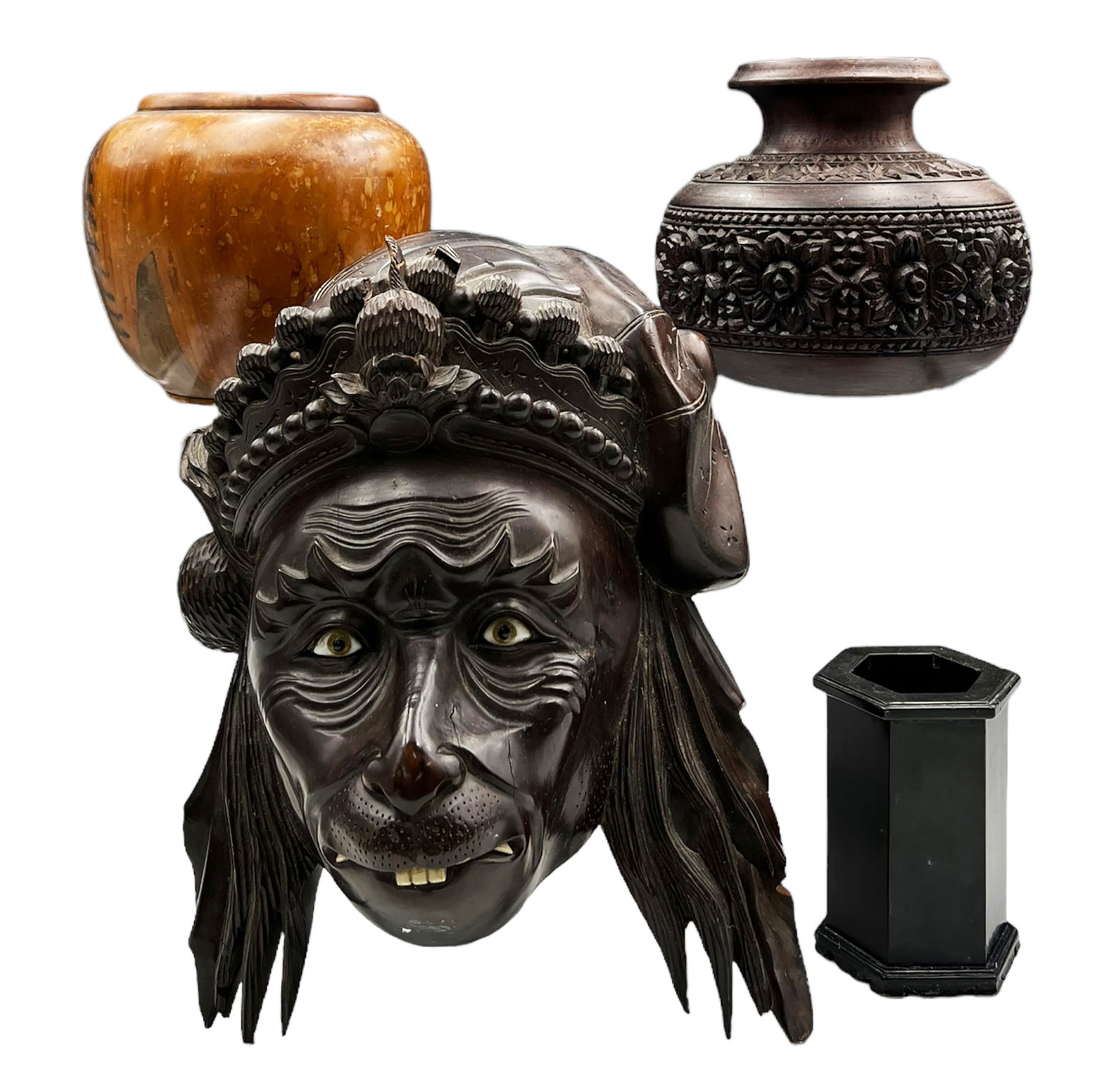 Lot: 4 Pcs.- Wood Vases, Carved Mask, Pen Holder. (1 of 7)