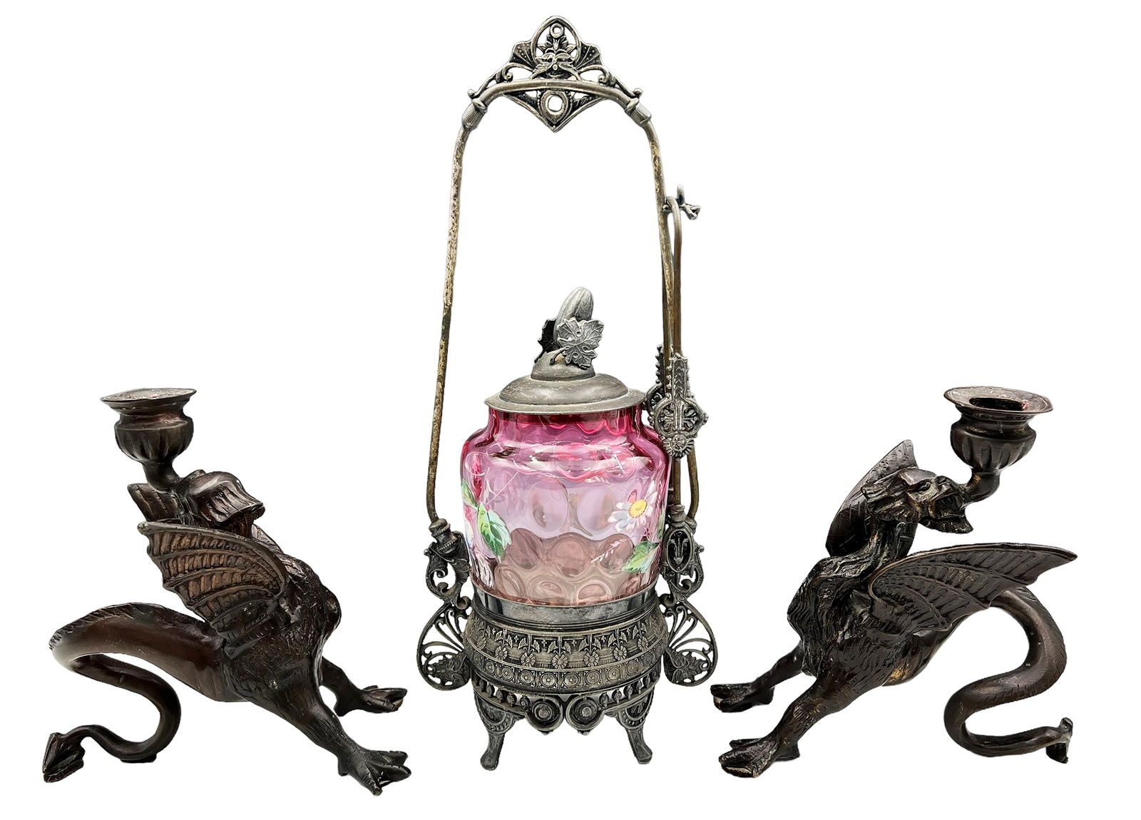 Lot: 3 Pcs.- Dragon Candlesticks, Pickle Caster. (1 of 6)