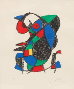 Signed Untitled HC Lithograph by Joan Miró.: This abstract lithograph on deckled edge paper by Joan Miró (Spain, 1893-1983) is pencil signed and proofed (Hors d'Commerce) to its lower margin. The work is housed in a plain silver-tone metal fram