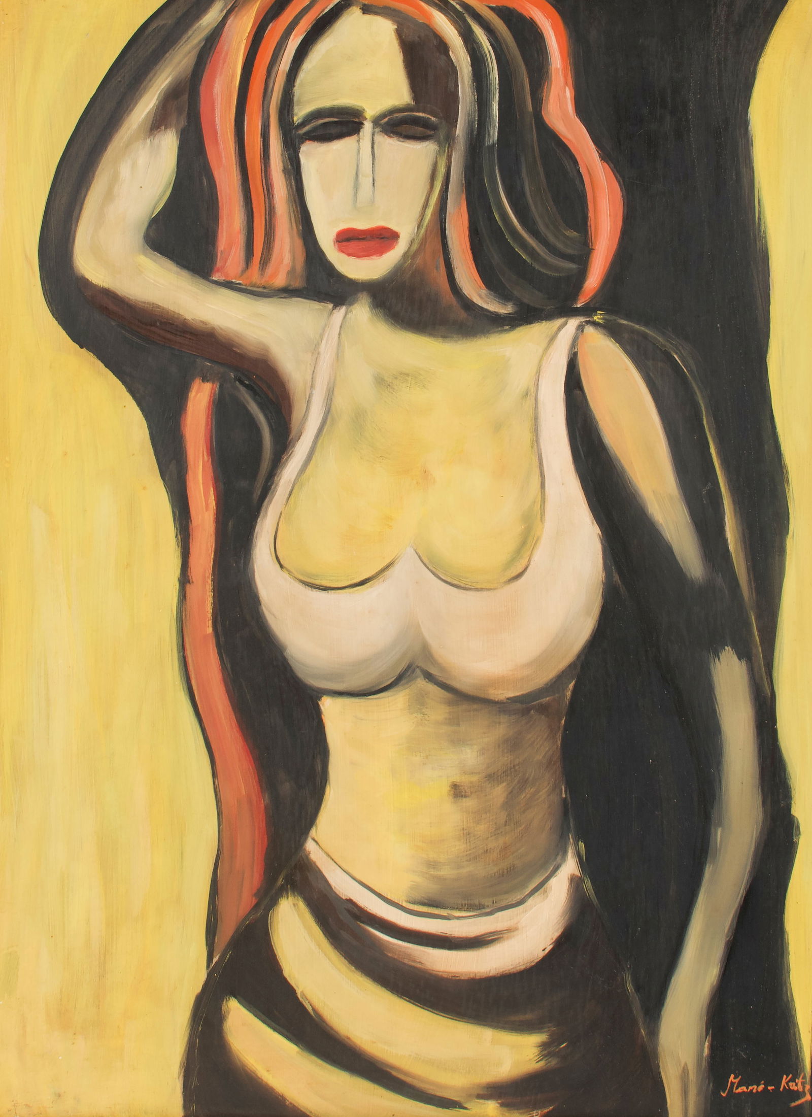 Portrait of a Woman, After Emmanuel Mané-Katz.: This oil painting on board depicts a scantily dressed woman with red hair. It is signed "Mané-Katz", for Emmanuel Mané-Katz. The painting is housed in a silver-tone frame. The painting is in good co