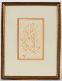 Georgiques Woodcut in Sepia by Aristide Maillol.: Aristide Maillol (France, 1861-1944). This woodcut in sepia depicts leaving branches from the Georgiques Series. Maillol's monogram can be found lower left. There is a gallery tag en verso from Ferdin
