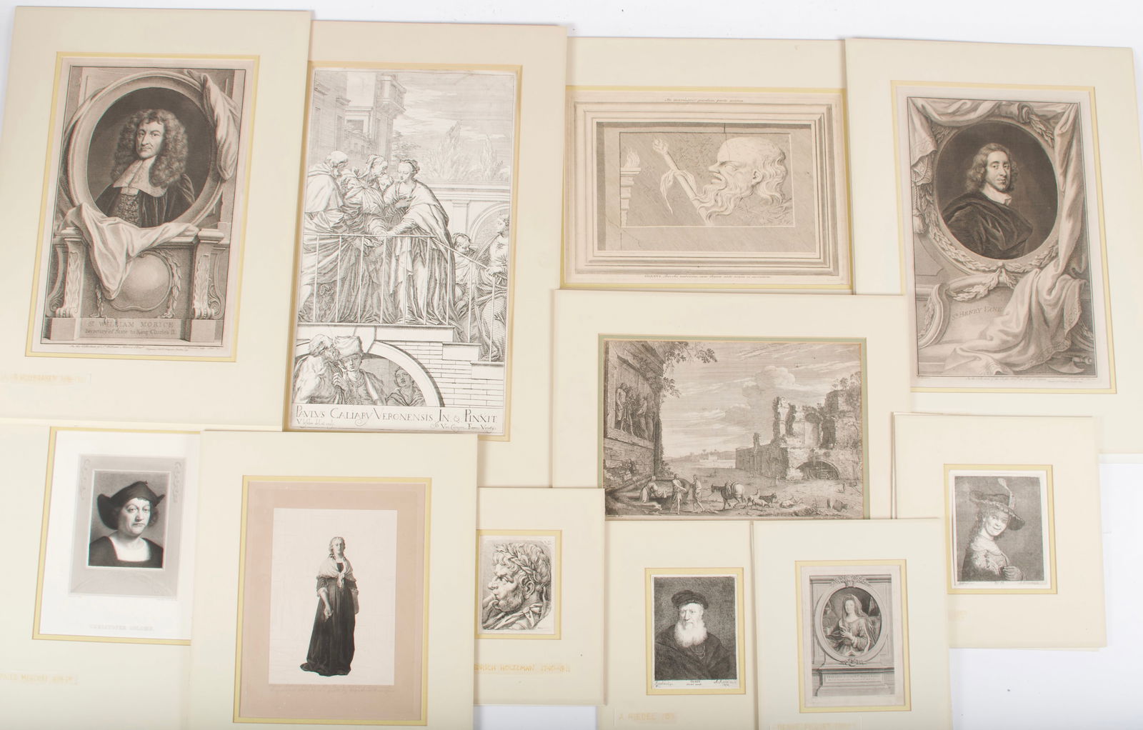 Lot of 11 Antique European Engravings.: This lot contains engravings from artists like Paolo Mercuri, Jean Morin, Jacob Houbraken, Valentine LeFebre, Alphonse Francois, Etienne Ficquet, Carl Friedrich Holtzman, and Johann Anton Riedel. Each