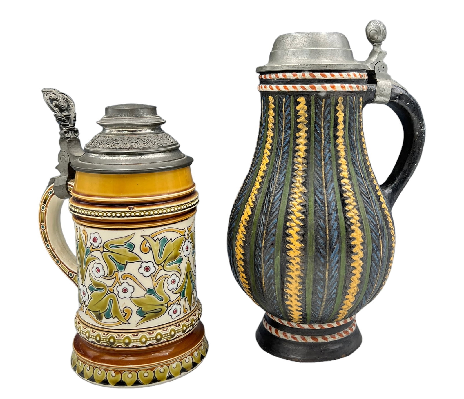 Lot of 2 Lidded Pottery Beer Steins- Mettlach, etc (1 of 6)