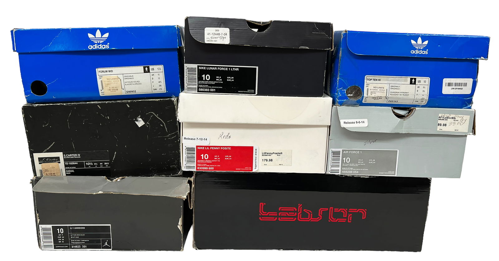 Lot of 90's ? Sneakers - Jordan, Nike, Adidas, etc: The eight pairs of sneakers contained in this lot are as follows: Nike LeBron 11 in Gamma Blue (Size 10). Almost like new. Fraying thread near the laces to one shoe; Jordan AJ 1 Anodized in Altitude G