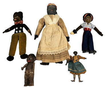 Lot of Antique Black or African American Dolls.: This lot contains two Norah Wellings dolls, a small wooden jointed doll. a small hollow cardboard child, and a colonial era style doll. The cardboard figure and the jointed girl have broken arms. The