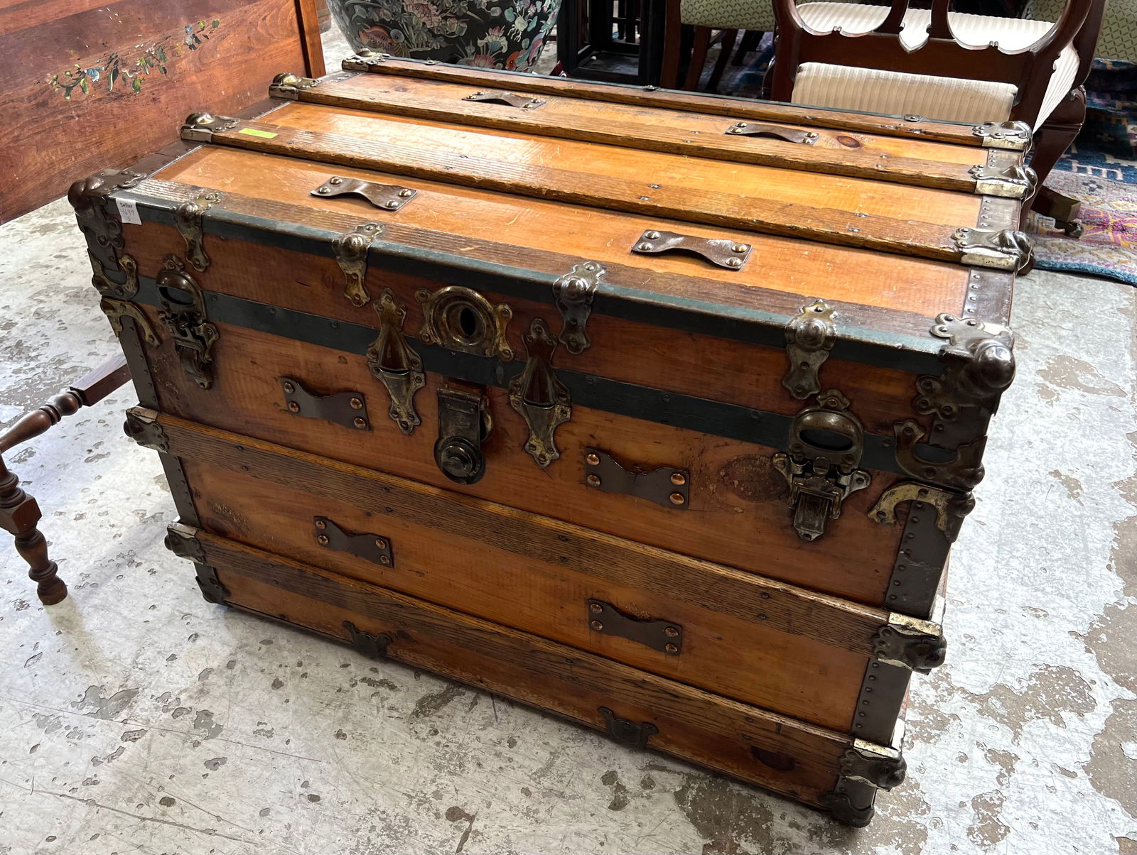 Antique Oak Slat Trunk. (1 of 1)