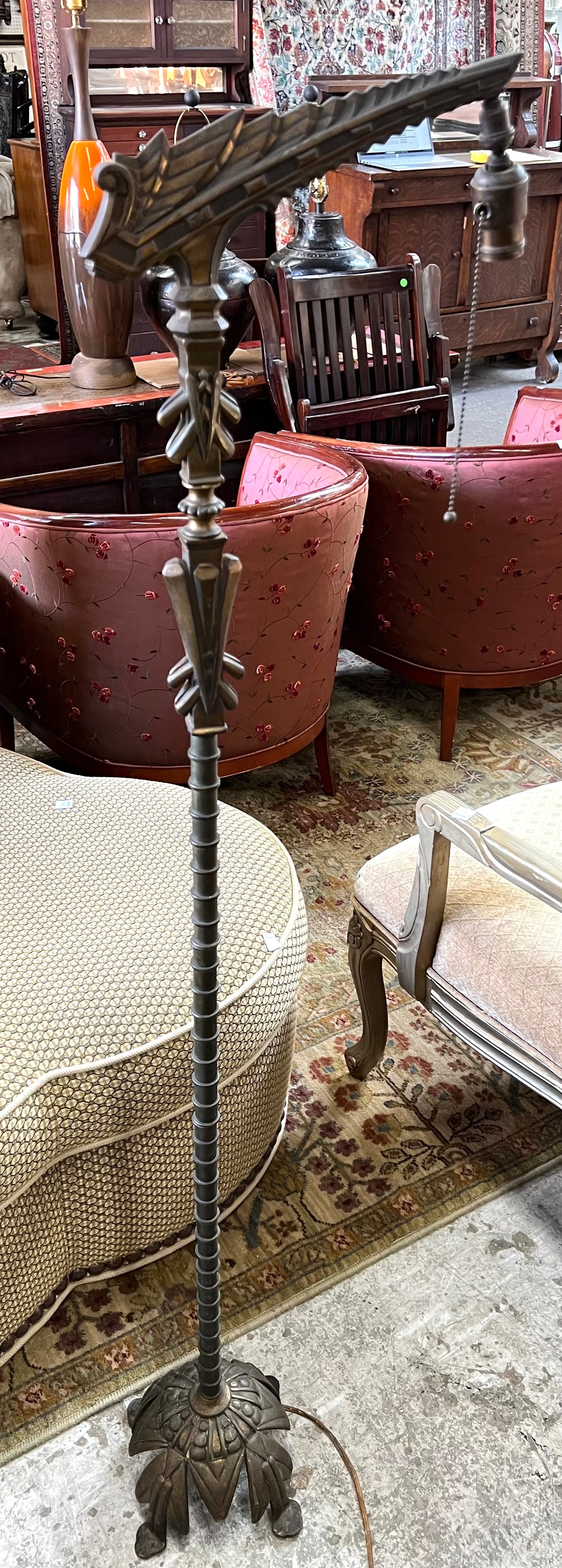 Vintage Art Deco Floor Lamp.: This is a beautifully detailed floor lamp, most likely made from bronze. The lamp itself is in great condition, but it may need to be rewired. The cord is frayed, and the lamp did not turn on when tes