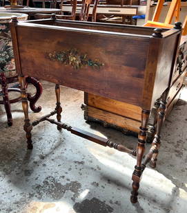 Antique Planter Box.: This is an antique pine planter box or plant stand with a copper lined interior. It has floral decorations on each side. It is in used condition with scratches. It measures 30" tall, 29 1/2" wide, and