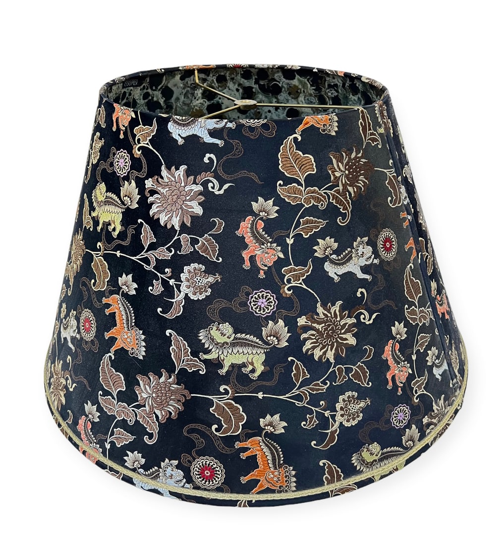 Silk Embroidered Chinese Lamp Shade.: The Shade is Signed Frederick Cooper, and has designs of Foo Dogs and Flowers. It measures 13" long and 21" in Diameter at its widest. In-House Shipping is Available. Please See our Website Regarding