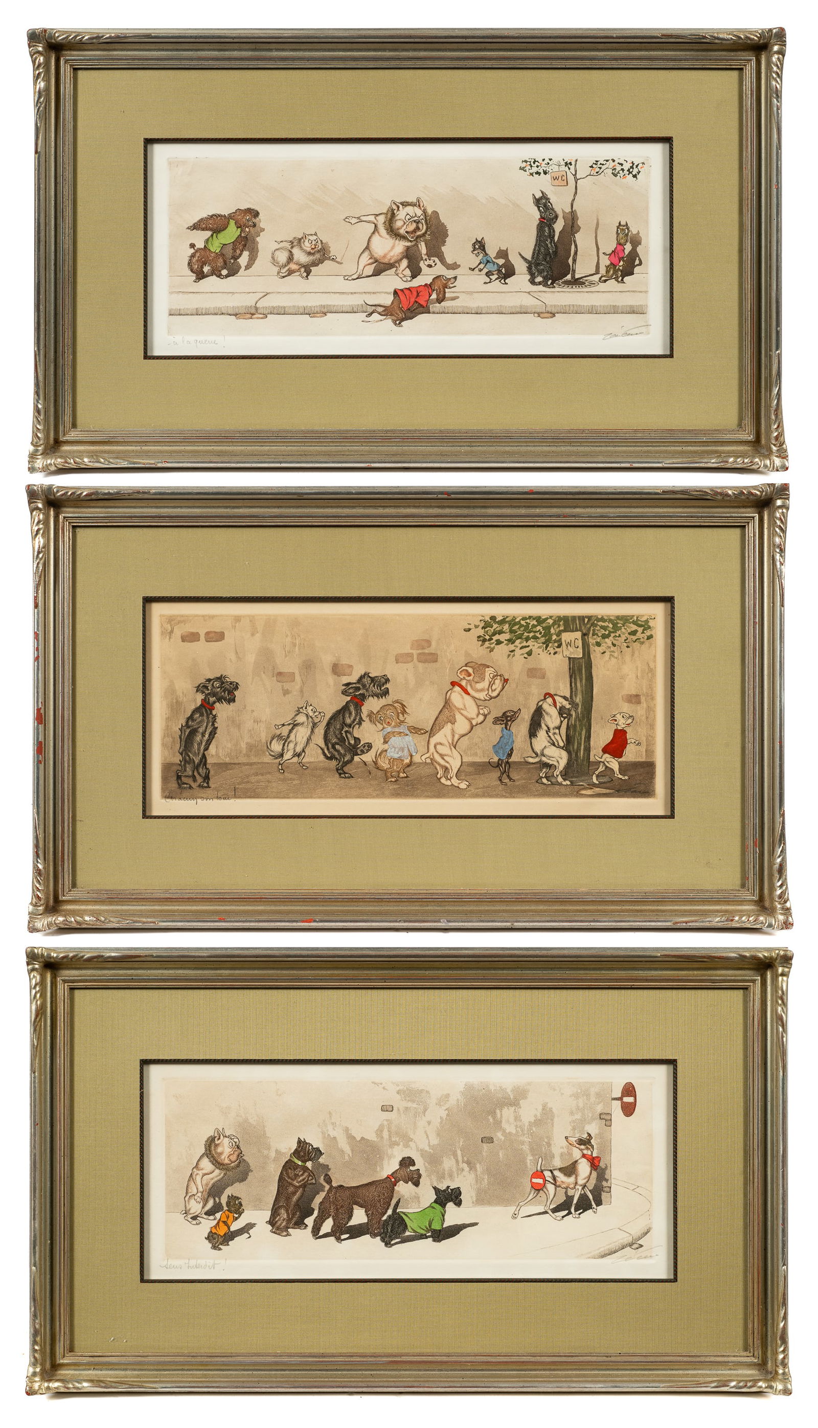 Lot of 3 Comical Dog Etchings by Boris O'Klein. (1 of 16)