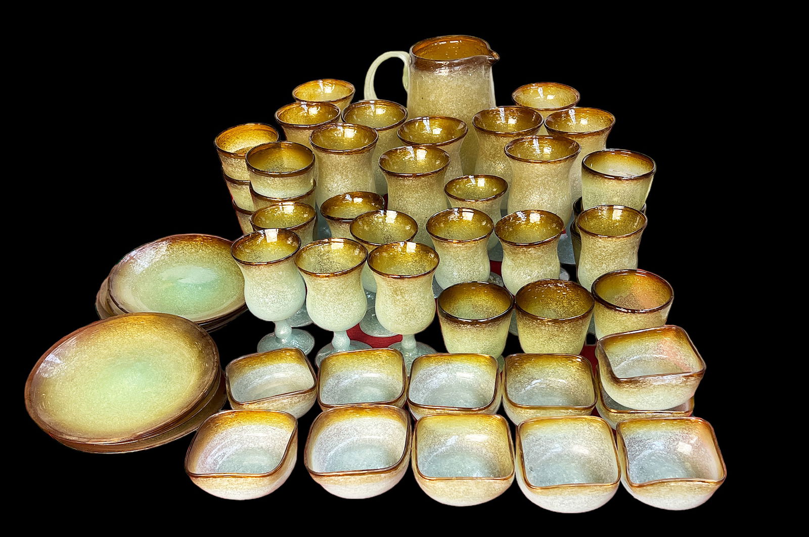 56 Piece Set of Overshot Art Glass Dishes. (1 of 3)