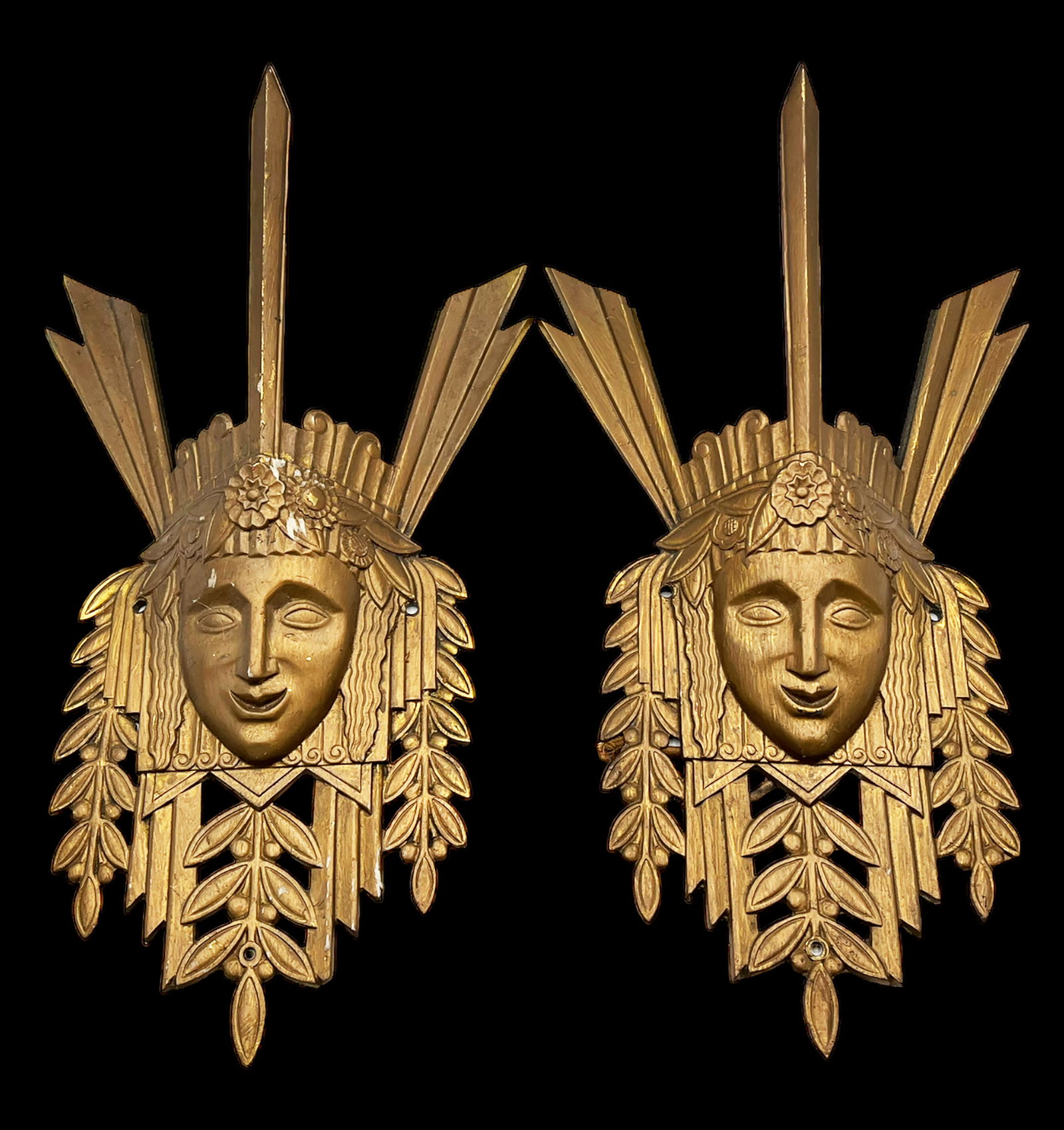 Pair of Art Deco Wall Sconces- Face w/ Crown. (1 of 4)