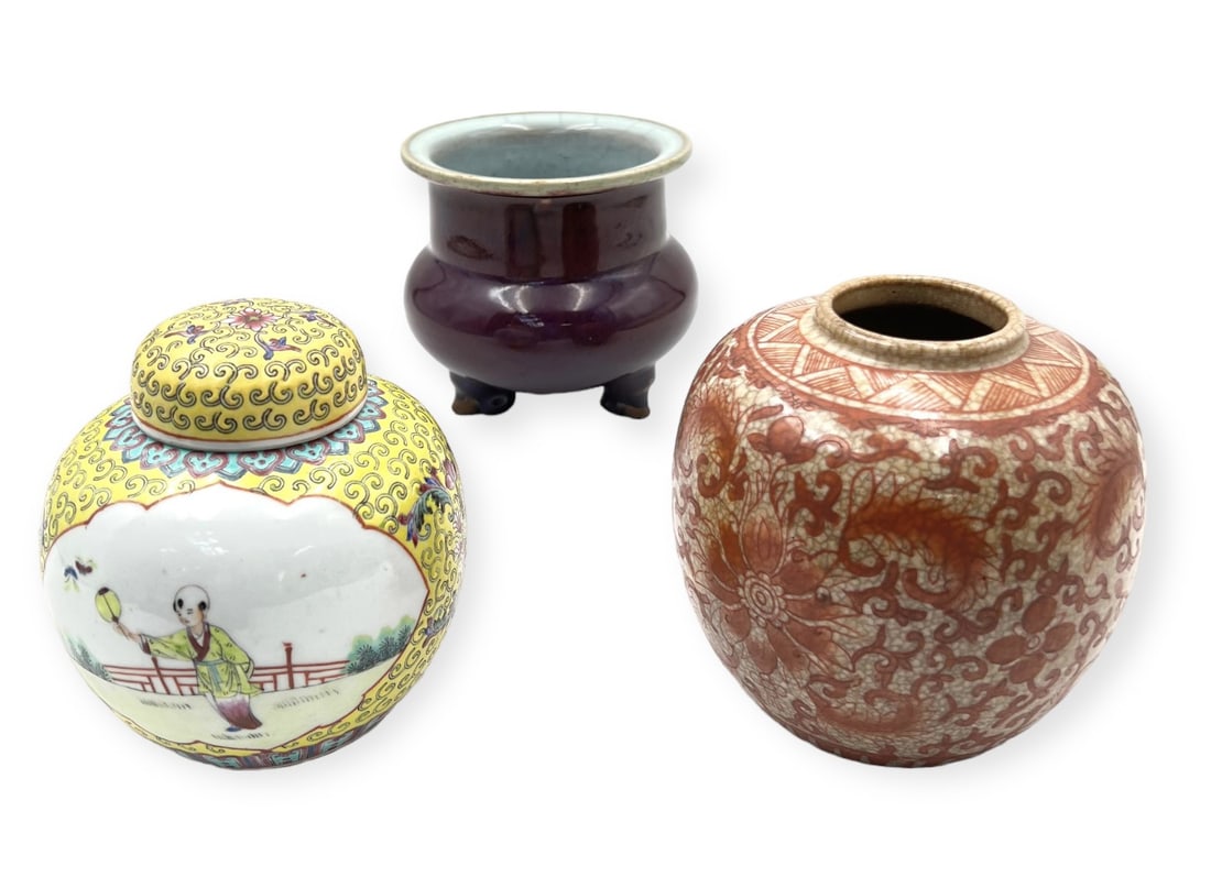 Lot of 3 Chinese Porcelain Articles.: The lot includes a Yellow Painted jar (4 3/4" Tall), a Purple Glaze Censer, and a Red and Brown Jar (no Lid). In-House Shipping is Available. Please See our Website Regarding In-House Shipping Procedu
