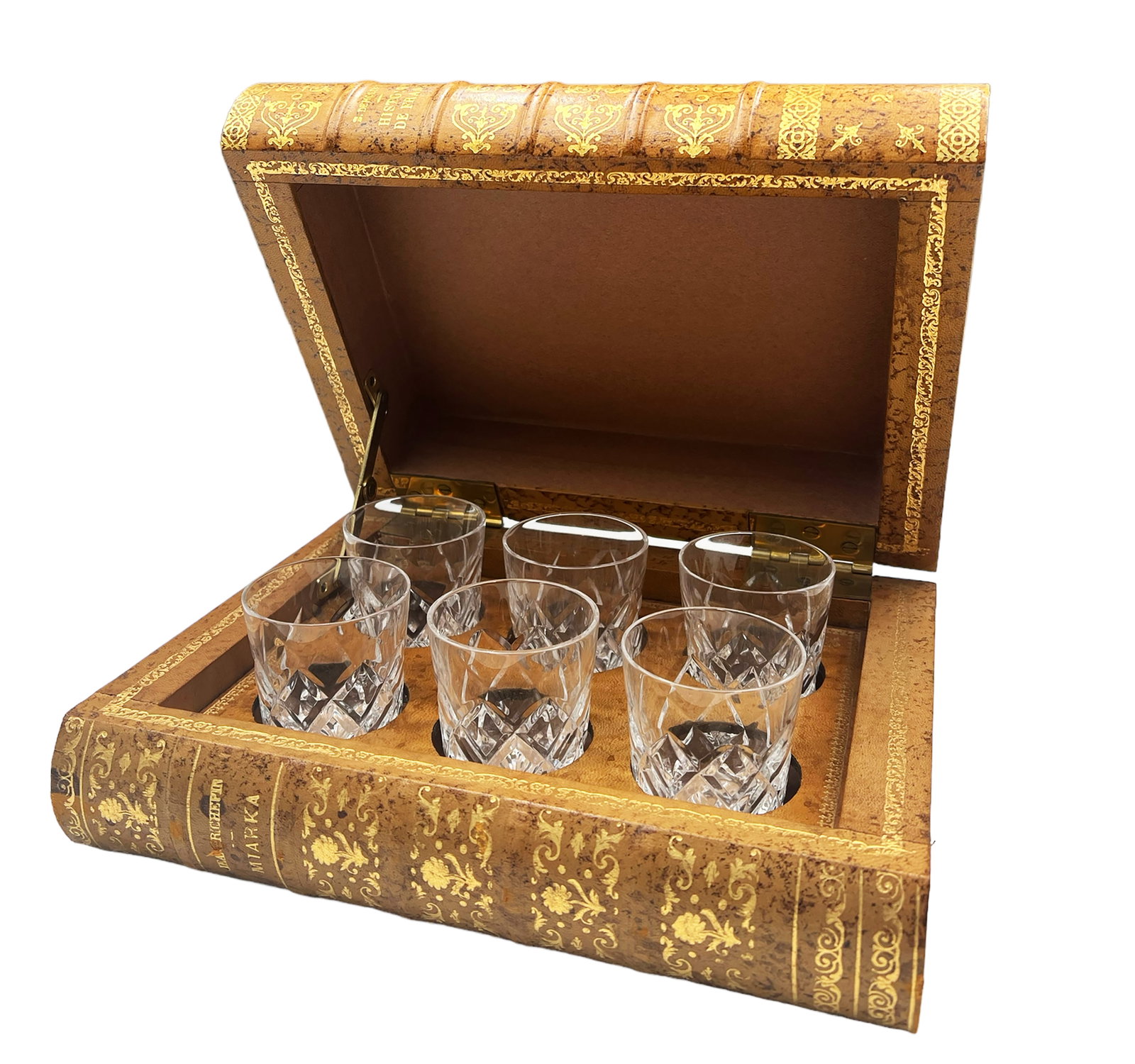 Book-Shaped Liquor Glass Cabinet w/ 6 Glasses.: The glasses are by Montbronn Cristallerie France. The book-shaped cabinet has several noticeable Scratches. The box or cabinet measures 10 3/8" x 8" x 3 3/4". In-House Shipping is Available. Please Se