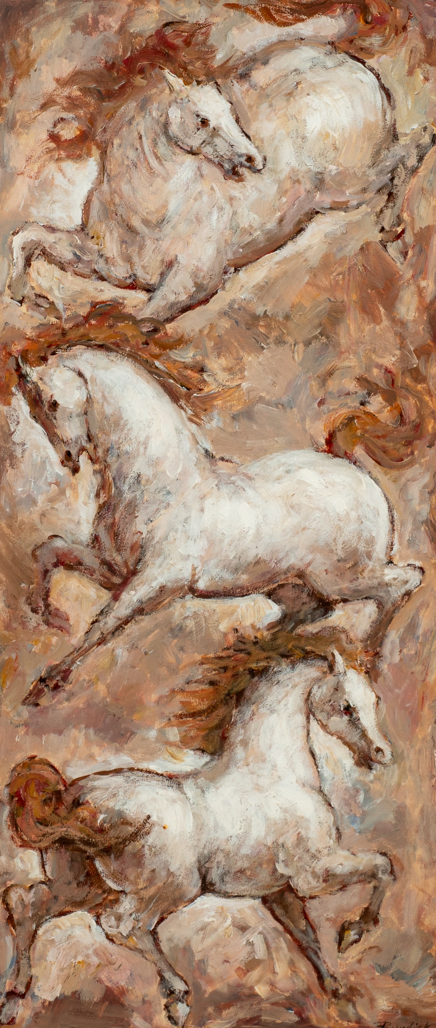 Painting of Horses by Charles Edward Burdick.: Charles Edward Burdick (America, 1924-2016). This oil painting on board is signed "Burdick" lower right. It depicts three white horses in various poses. It is housed in a black and gold frame with a c