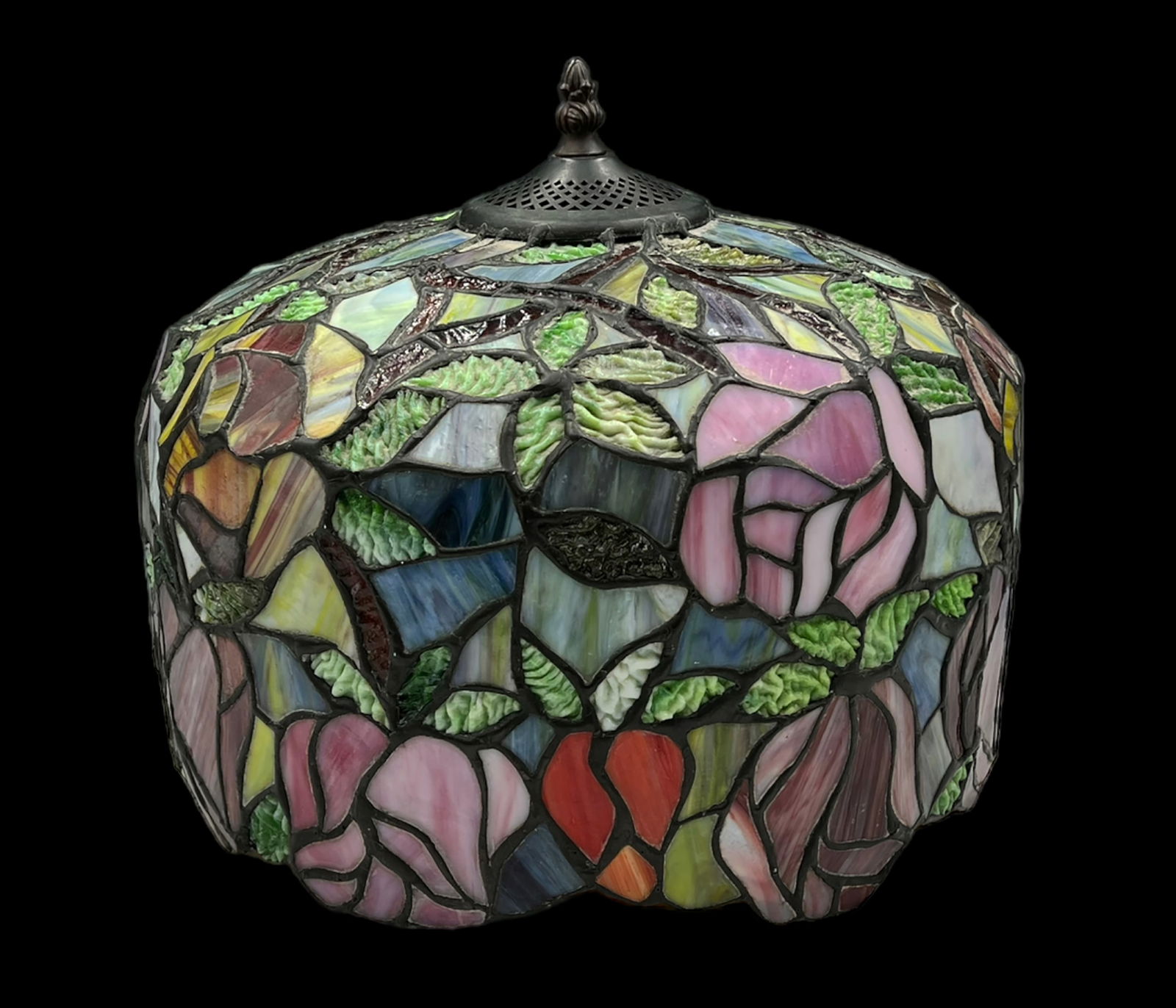 Leaded Glass Lamp Shade w/ Roses and Tulips.: The Maker is Unknown. The Shade looks to be in Nice condition, with red, pink, and purple flowers The glass on the flowers is smooth; the glass on the green leaves is much more textured. There is some