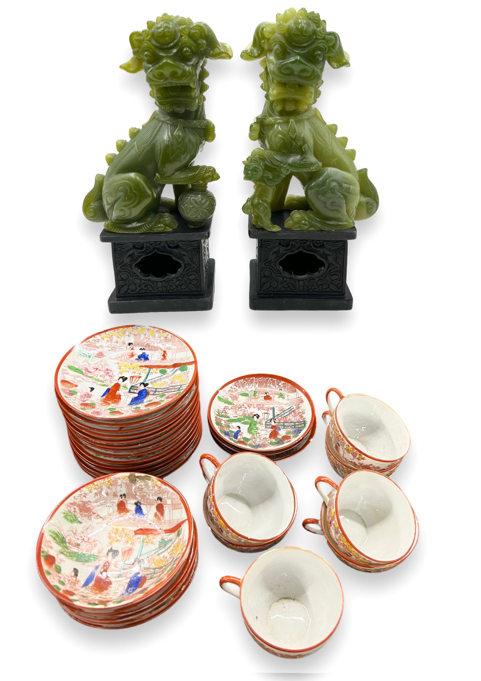 Lot: Pair of Foo Dogs & Set of Japanese China. (1 of 2)