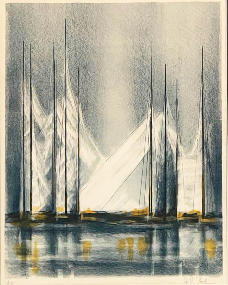 Abstract Sails Lithograph, Richard Florsheim.: Richard Aberle Florsheim ( America, 1916 - 1979). This colored lithograph on paper is pencil signed and numbered (5/35) in its lower margin. It is housed in a navy blue frame with a fabric and blue-tr