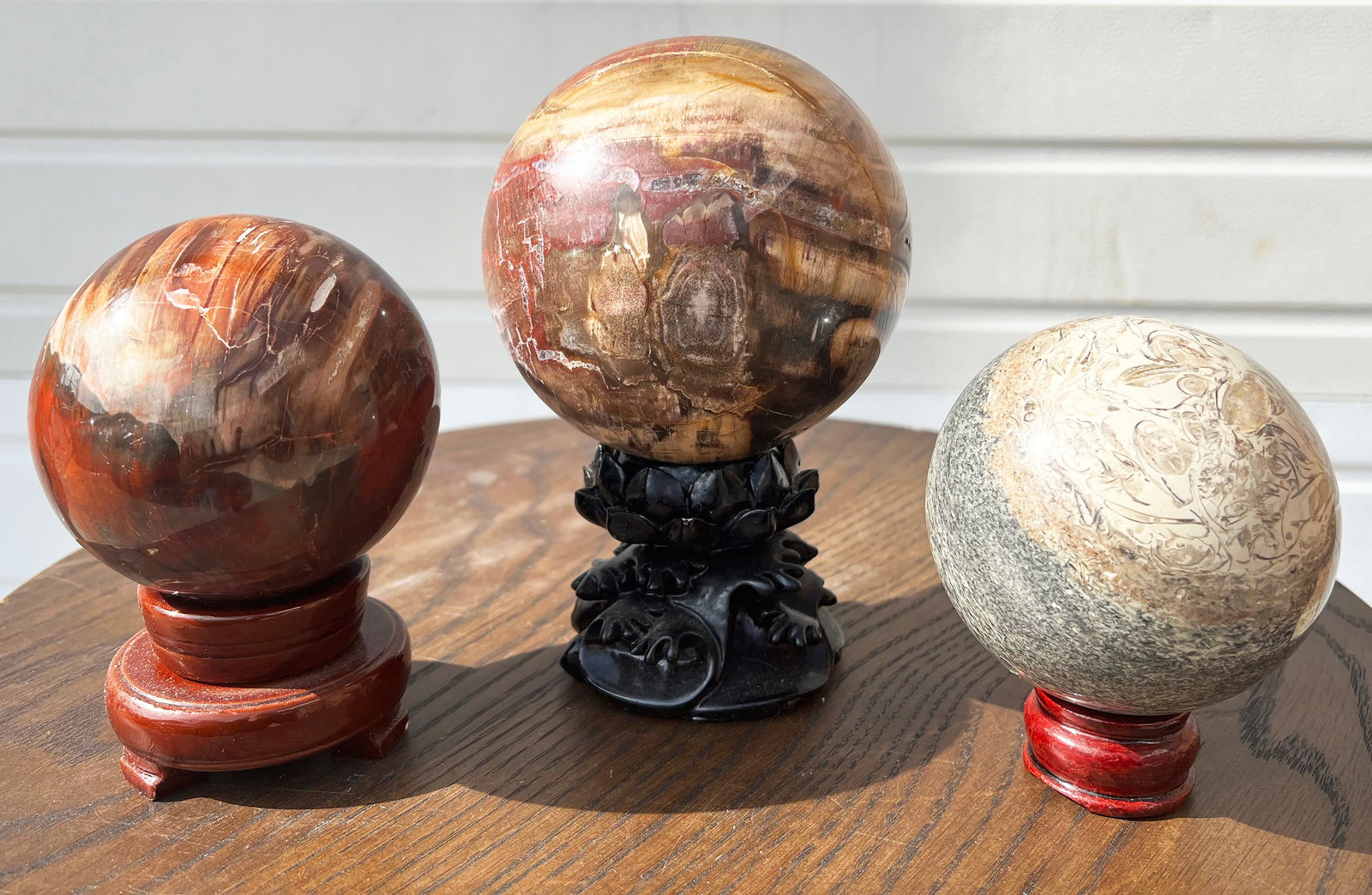 Three Spheres - Petrified Wood & Dinosaur Fossils.: This lapidary lot contains two petrified wood spheres, and one polished dinosaur bone fossil sphere. The largest sphere has bands of quartz. The largest sphere measures 4 1/2" in diameter, and the sma
