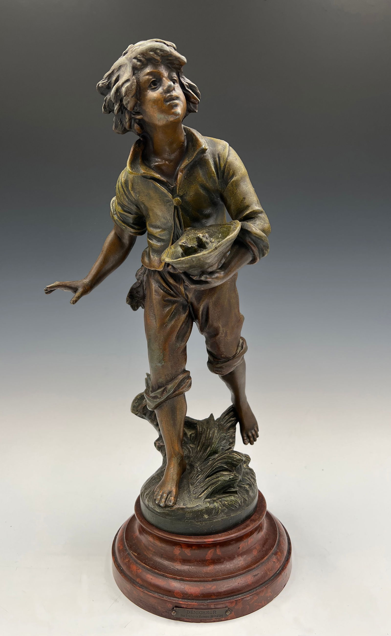 Moreau White Metal Sculpture of Boy Carrying Nest. (1 of 6)