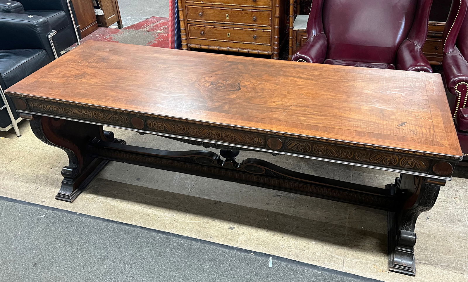 Burled Walnut Carved Library Table. (1 of 2)