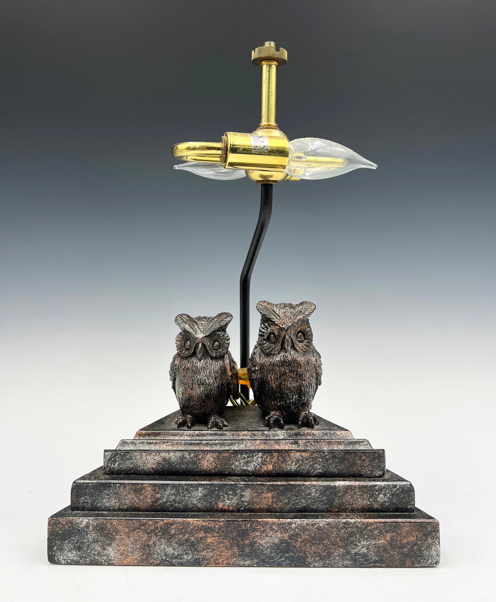 Frederick Cooper Decorative Lamp w/ 2 Owl Figures.: The lamp is missing its shade and finial. It is signed with a label on one of the brass lamp sockets. The lamp measures 15" tall from base to the top of the Lamp. In-House Shipping is Available. Pleas