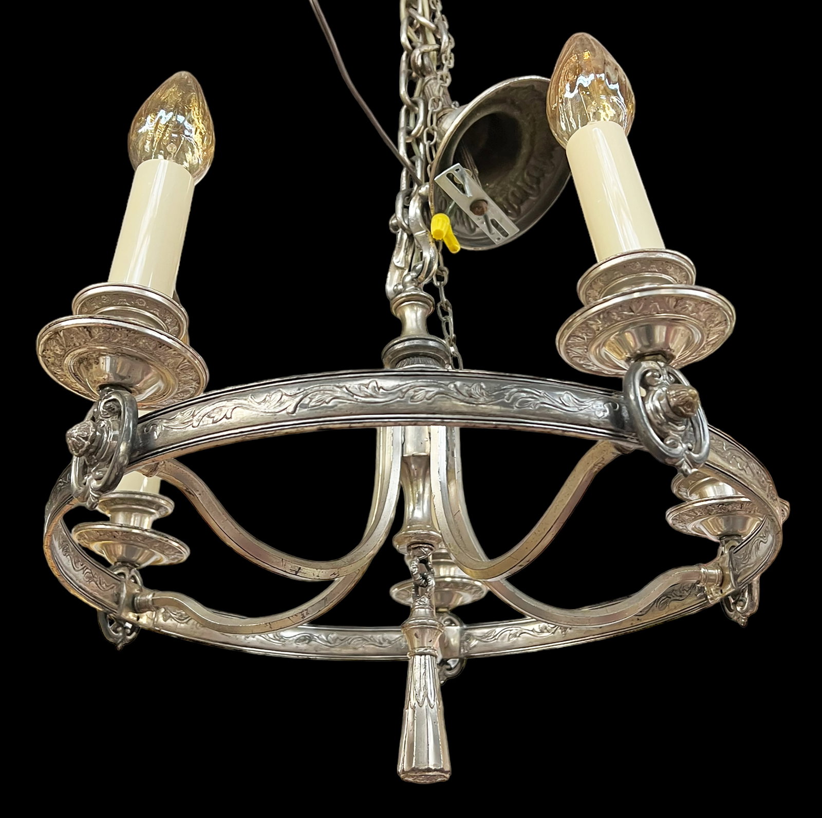 Ornate Classical Style Silverplate Light Fixture.: The chandelier looks to be in good overall condition. It measures 16" long and 19" in Diameter. In-House Shipping is Available. Please See our Website Regarding In-House Shipping Procedures.