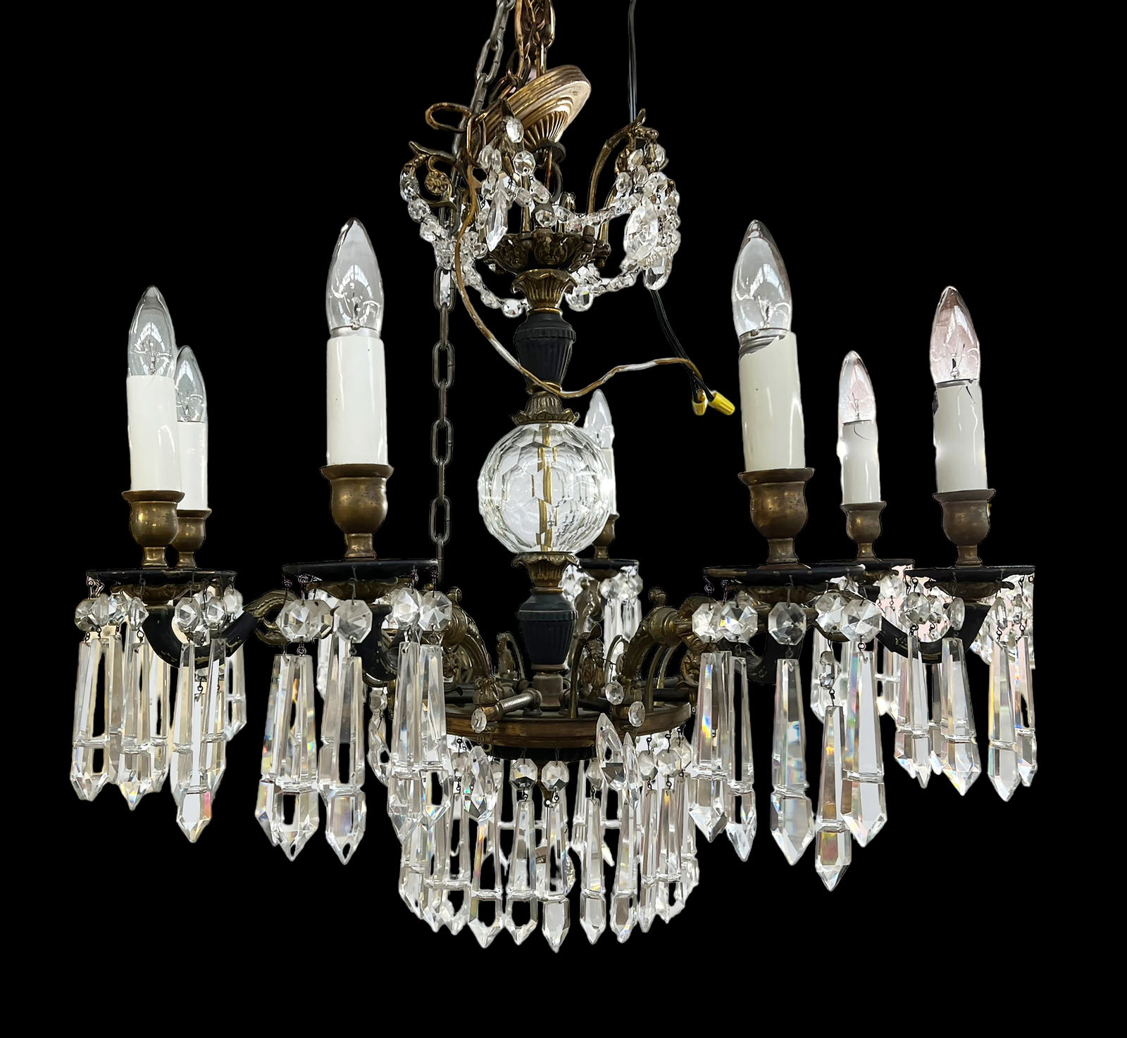 Large Ornate Bronze Light Fixture w/Crystal Prisms (1 of 2)
