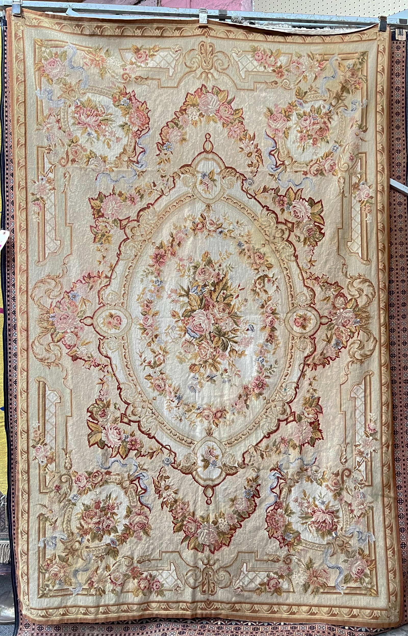 5' 4" x 8' 6" Floral Aubusson Rug.: This beautiful Rug or Tapestry looks to be in good overall condition. In-House Shipping is Available. Please See our Website Regarding In-House Shipping Procedures.