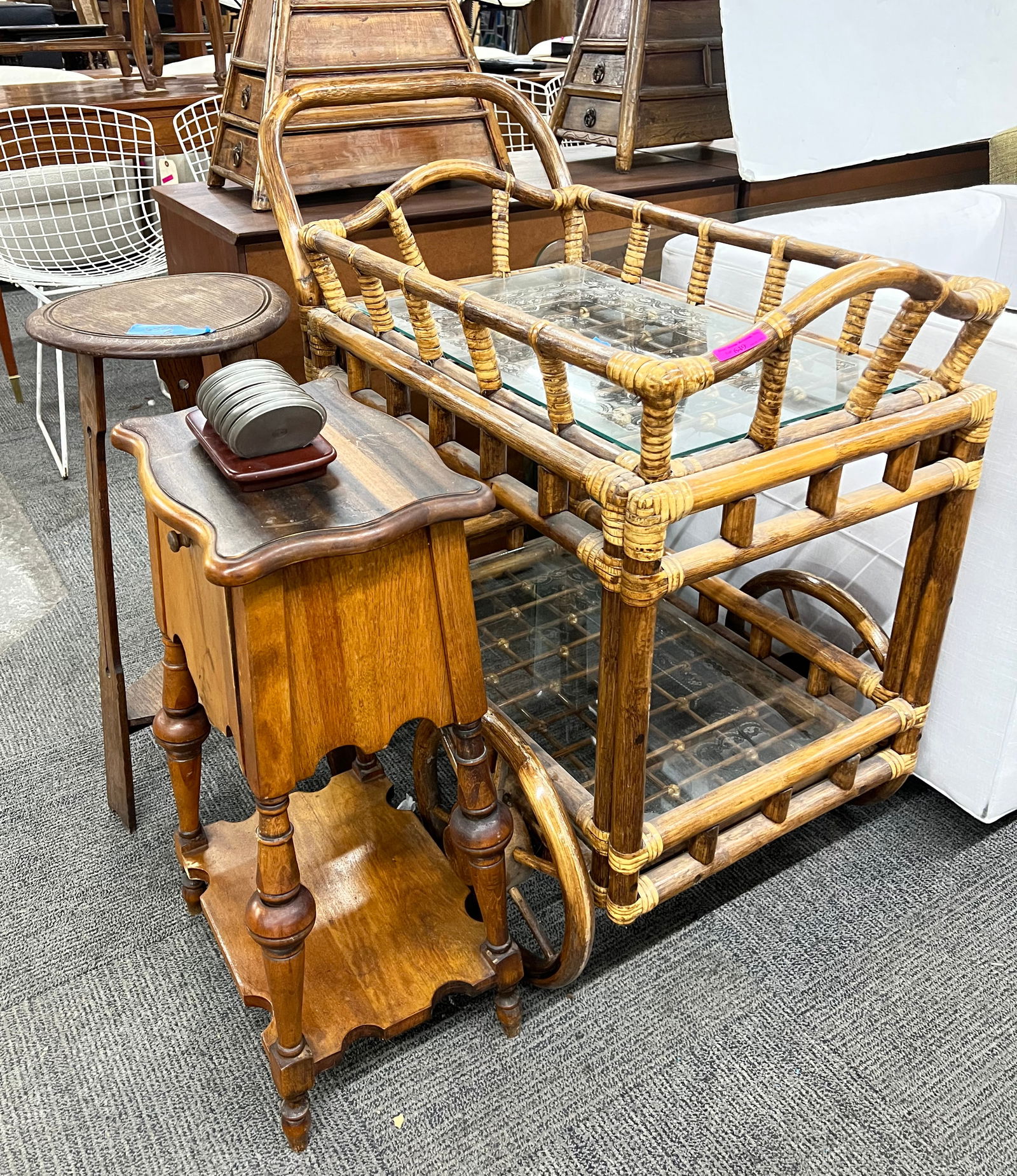 Bar Cart, Smoking Stand, & Wood Stool. (1 of 1)