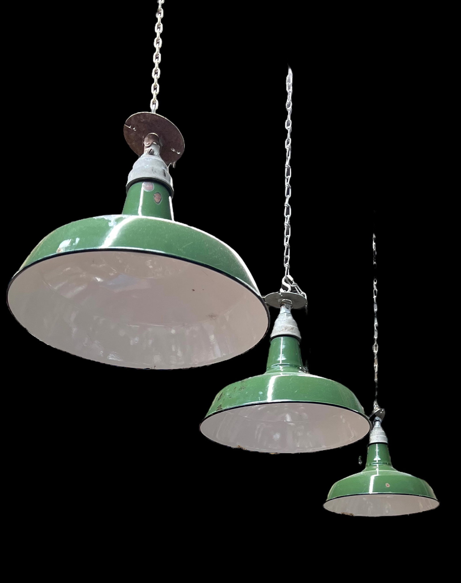 Lot of 3 Green Enamelled Industrial Light Fixtures: These have some enamel loss on the insides, but are in good overall condition otherwise. They measure 11" long and 15" in Diameter. In-House Shipping is Available. Please See our Website Regarding In-
