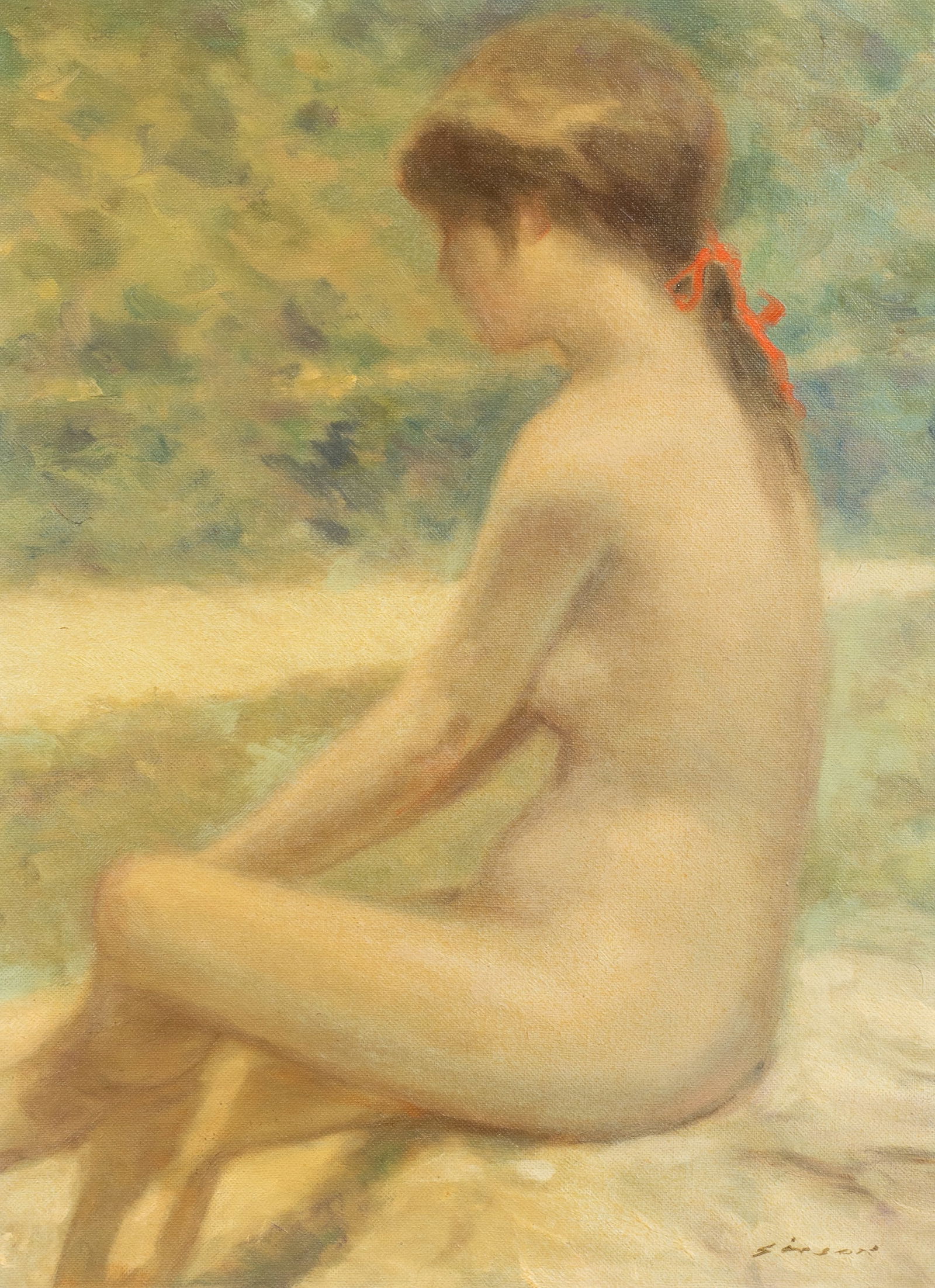 Portrait Painting of a Woman by Andre Gisson.: Andre Gisson (American, 1921-2003). This impressionist oil painting on canvas is signed lower right. It depicts a seated nude woman, her hair in a red ribbon. The painting is housed in a washed gilt f