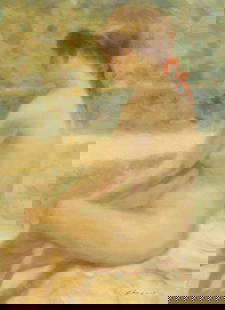 Portrait Painting of a Woman by Andre Gisson.: Andre Gisson (American, 1921-2003). This impressionist oil painting on canvas is signed lower right. It depicts a seated nude woman, her hair in a red ribbon. The painting is housed in a washed gilt