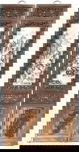 Pair of Vintage Chinese Porcelain Plaques.: The Plaques are set in Wood Carved Panels. They depict landscapes, and are artist-signed. They have some wear to use. The Porcelain Plaques measure 27" x 10 1/2". The Carved Frames measure 55" x 13