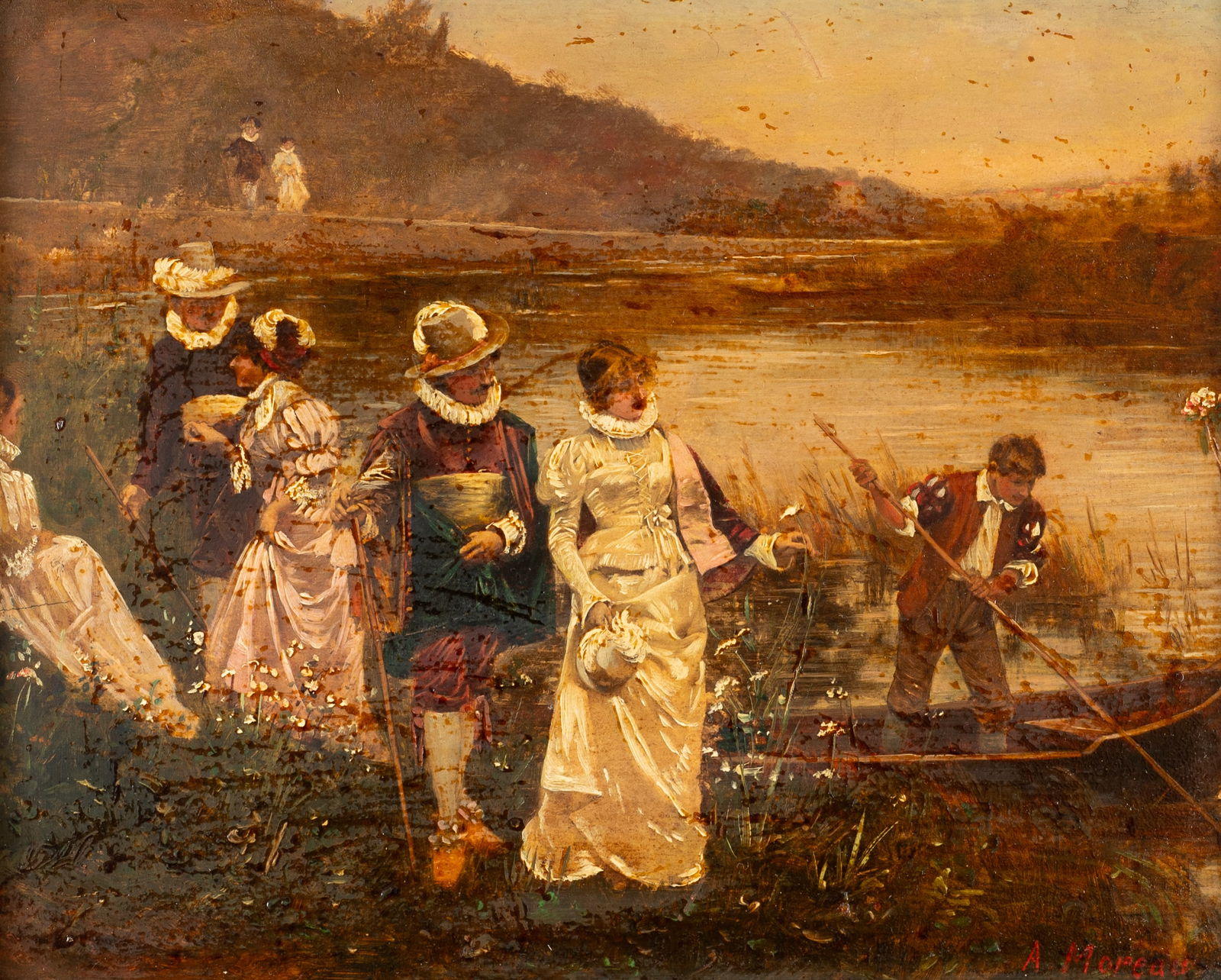 Framed Boat Scene Painting, Sgd. A. Moreau. (1 of 6)