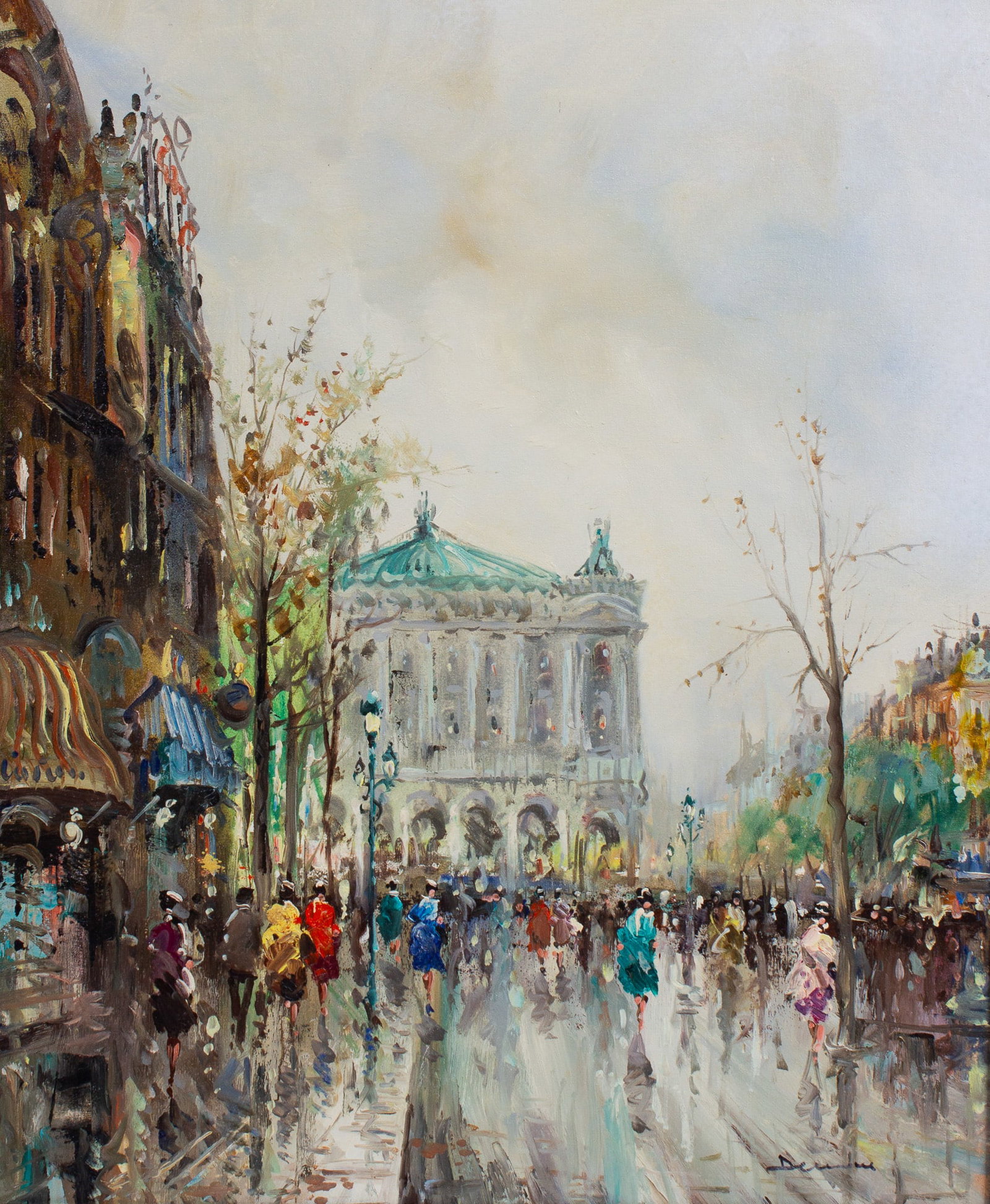Impressionist Street Scene, Sgd. Demone.: This oil painting on board is signed "Demone", lower right. Whether it is signed for Pietro or Salvadore Demone is unknown. It depicts the Palais Garnier. The work is housed in an ornate gilt frame. T